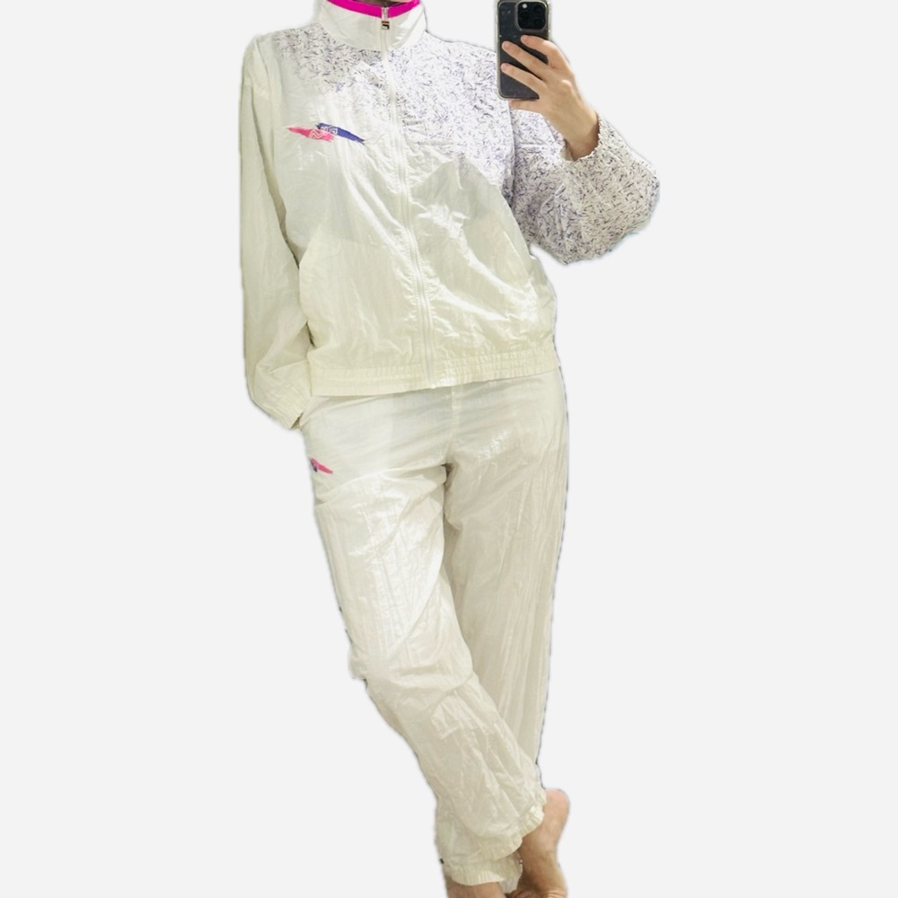 FILA Women’s Sport TrackSuit Set Abstract Geometric Color Block White L 14 VTG